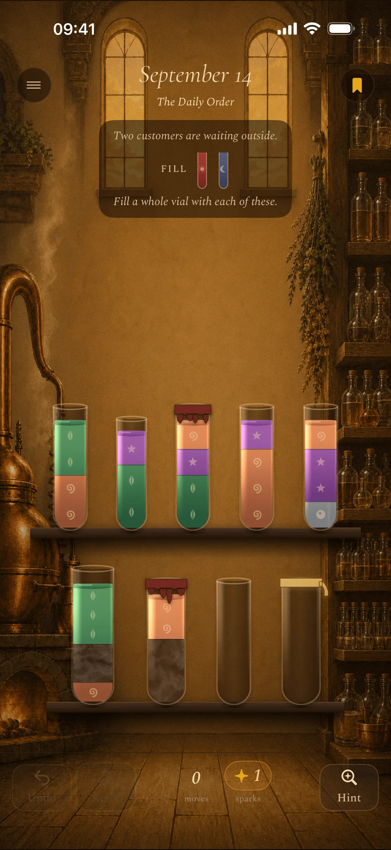 The Daily Order in Phial, dated September 14: nine vials of different heights on two shelves, two sealed under red wax, two with a clouded band, one with a Silver band and one a Still, above an order to fill a whole vial with Red and another with Blue.