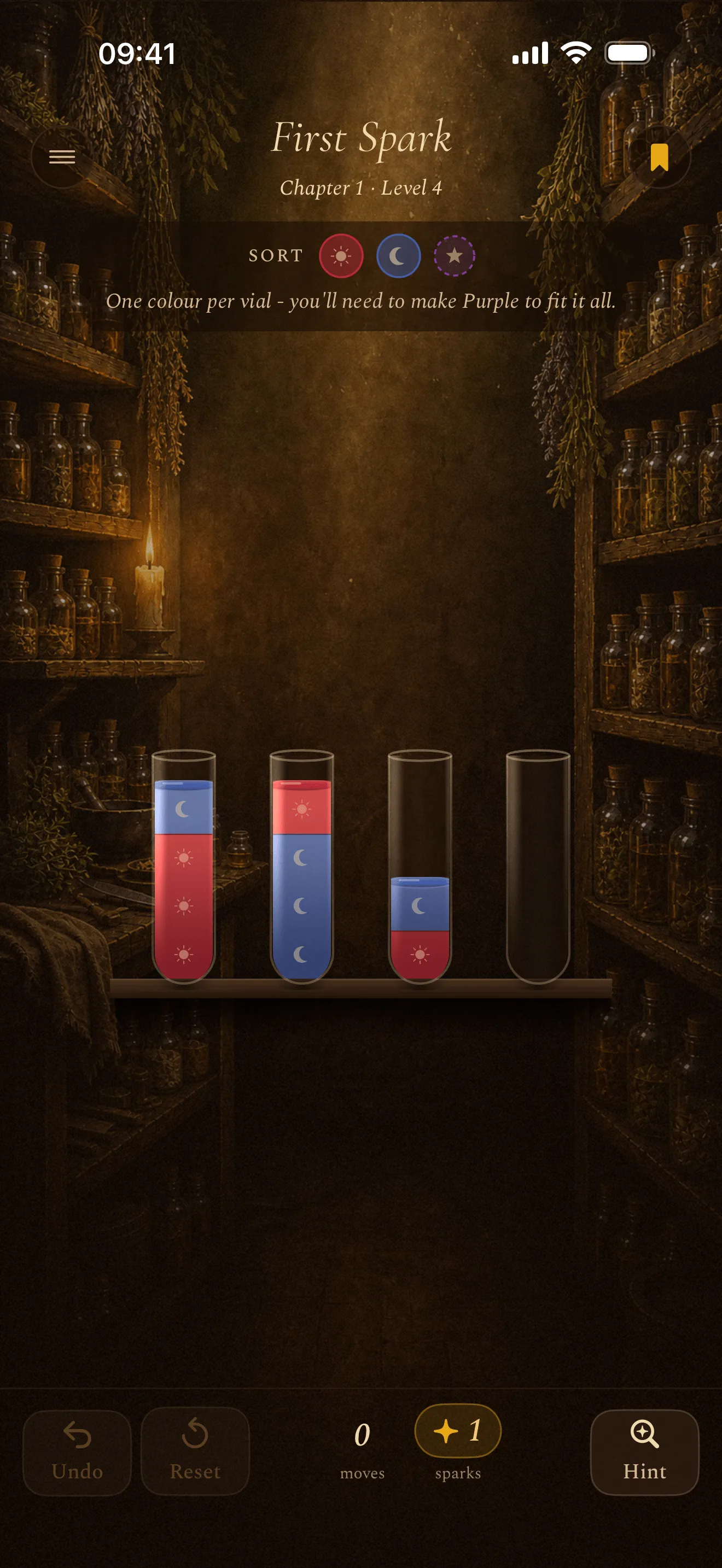 Phial on iPhone: the level First Spark. Red and Blue liquid sit layered in glass test tubes on a wooden shelf in a candlelit apothecary, with a goal row showing Red, Blue and a Purple target.