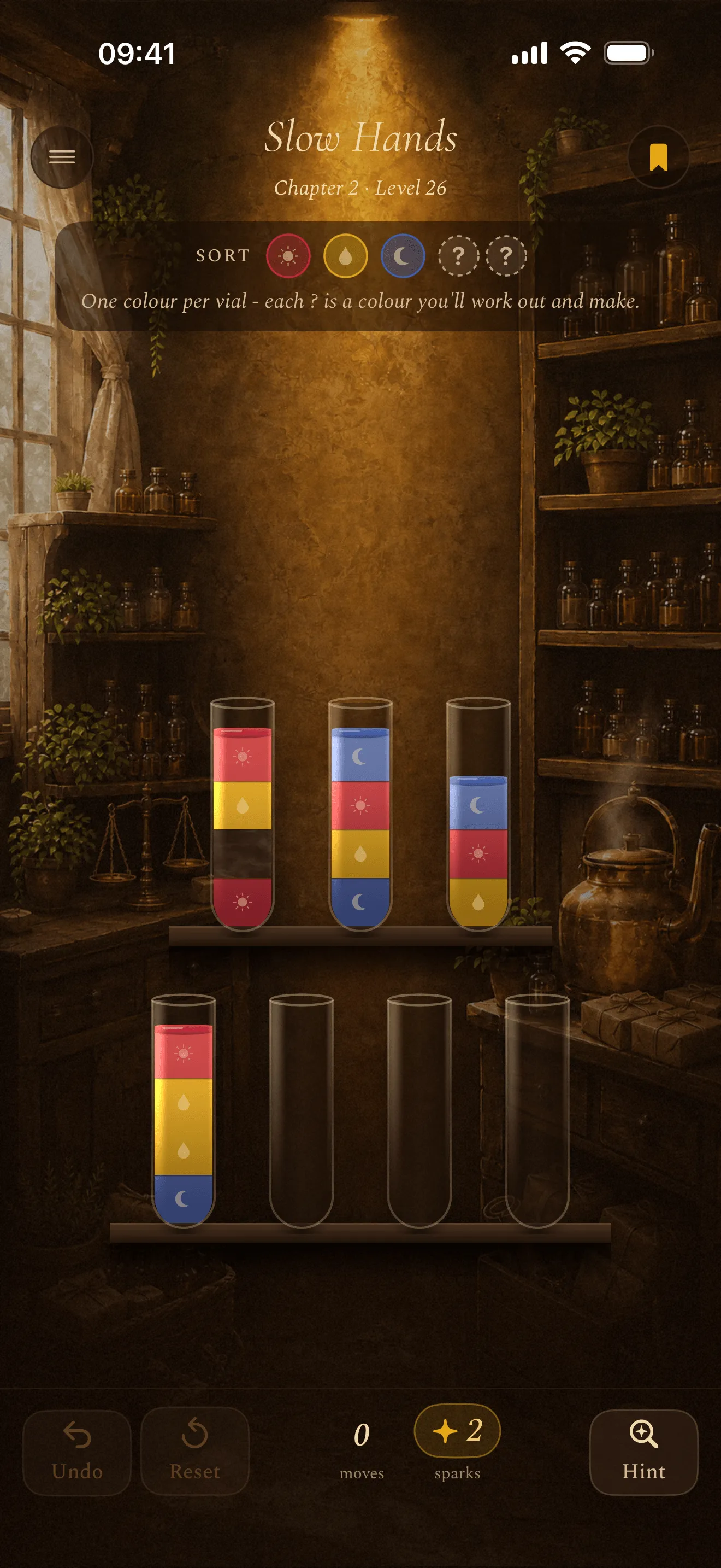Chapter 2 of Phial: seven vials on two shelves in a lamplit shop, one with a dark cloudy band whose own colour cannot be read until the layers above it are gone.