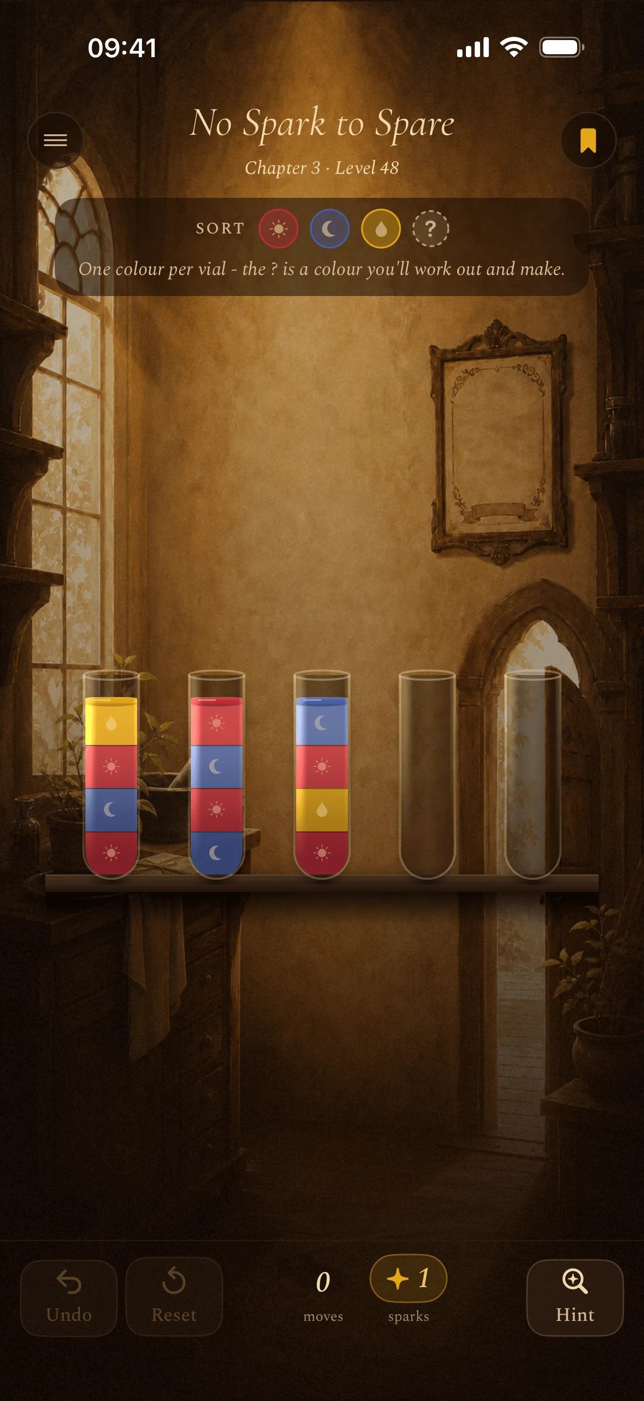 Chapter 3 of Phial: three vials of layered Red, Blue and Yellow liquid and two empty ones, in a bright room with an arched window and a framed mirror, above a goal row whose last colour is a question mark.