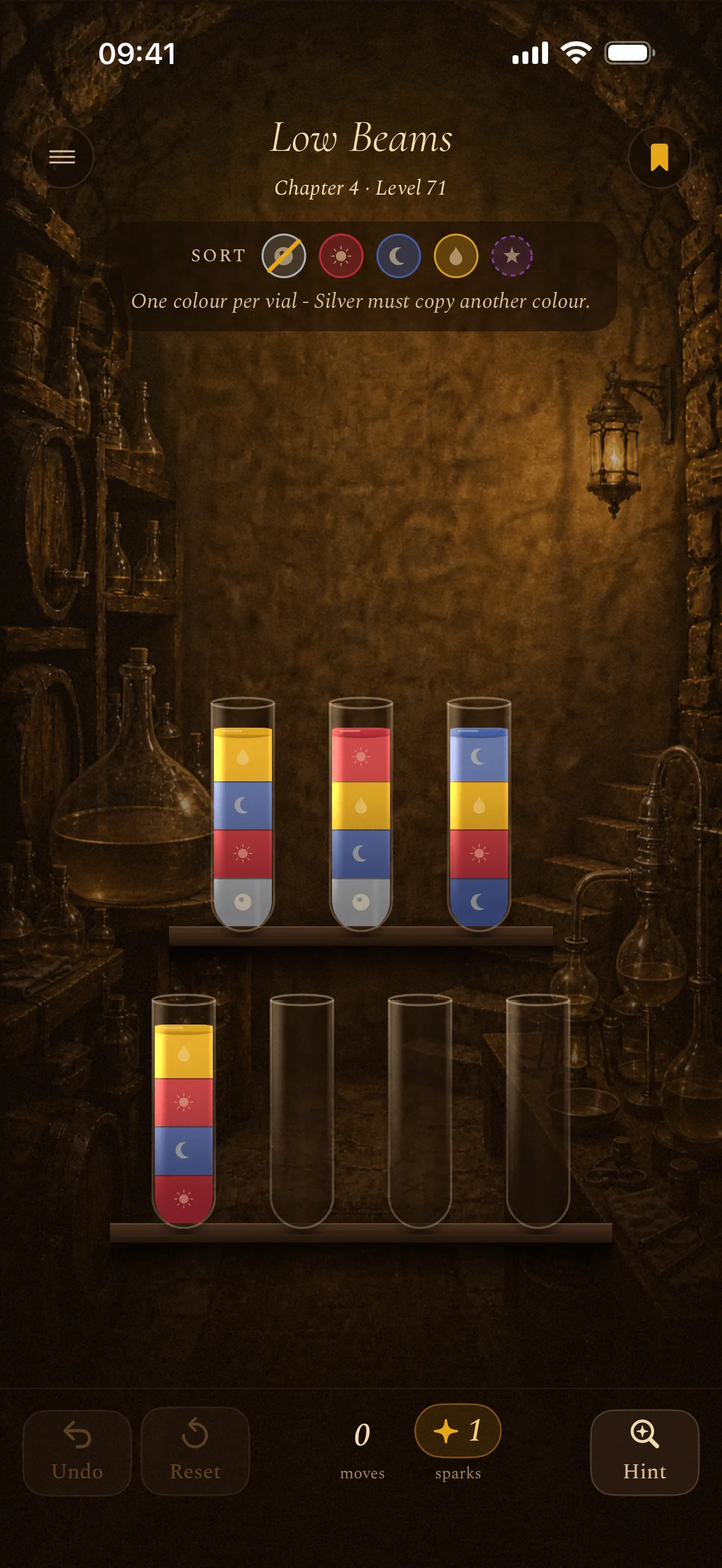 Chapter 4 of Phial: vials of layered Red, Blue and Yellow liquid in a stone cellar lit by a hanging lantern, two of them with a pale Silver band at the bottom.