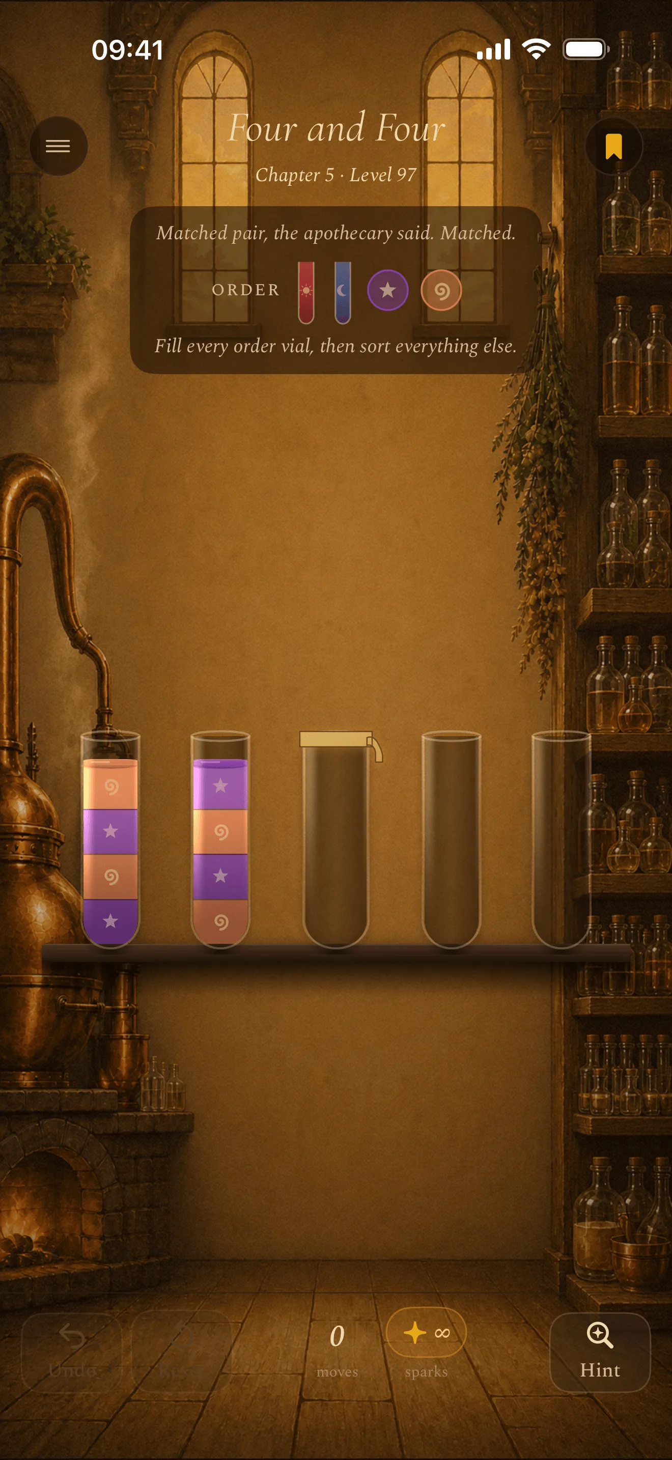 Chapter 5 of Phial: a copper still beside a fireplace, two vials of layered Orange and Purple liquid, and an order row asking for a filled Red vial and a filled Blue one.