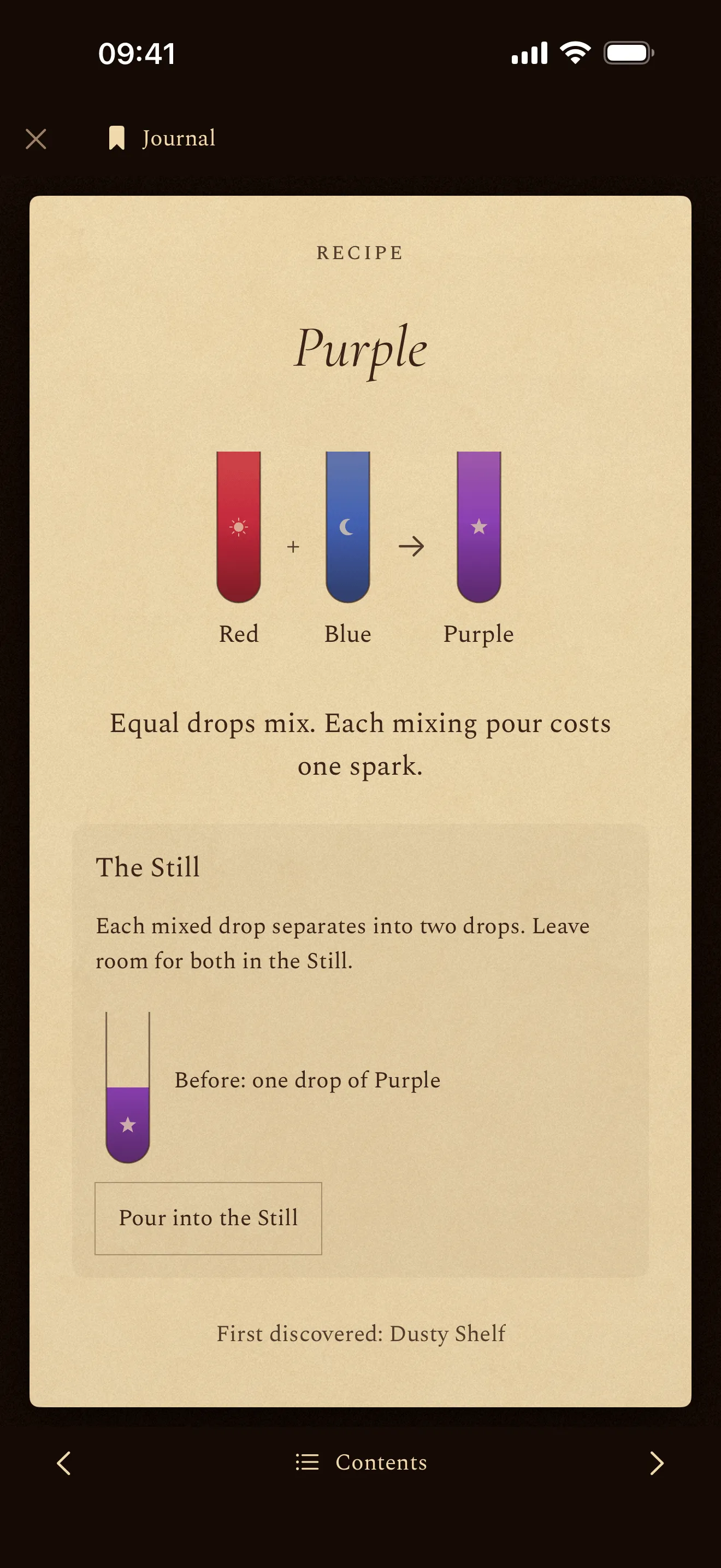 A recipe page in Phial's journal on aged parchment: three small vials showing Red plus Blue makes Purple, a note that each mixing pour costs one spark, and what the Still does to a mixed drop.