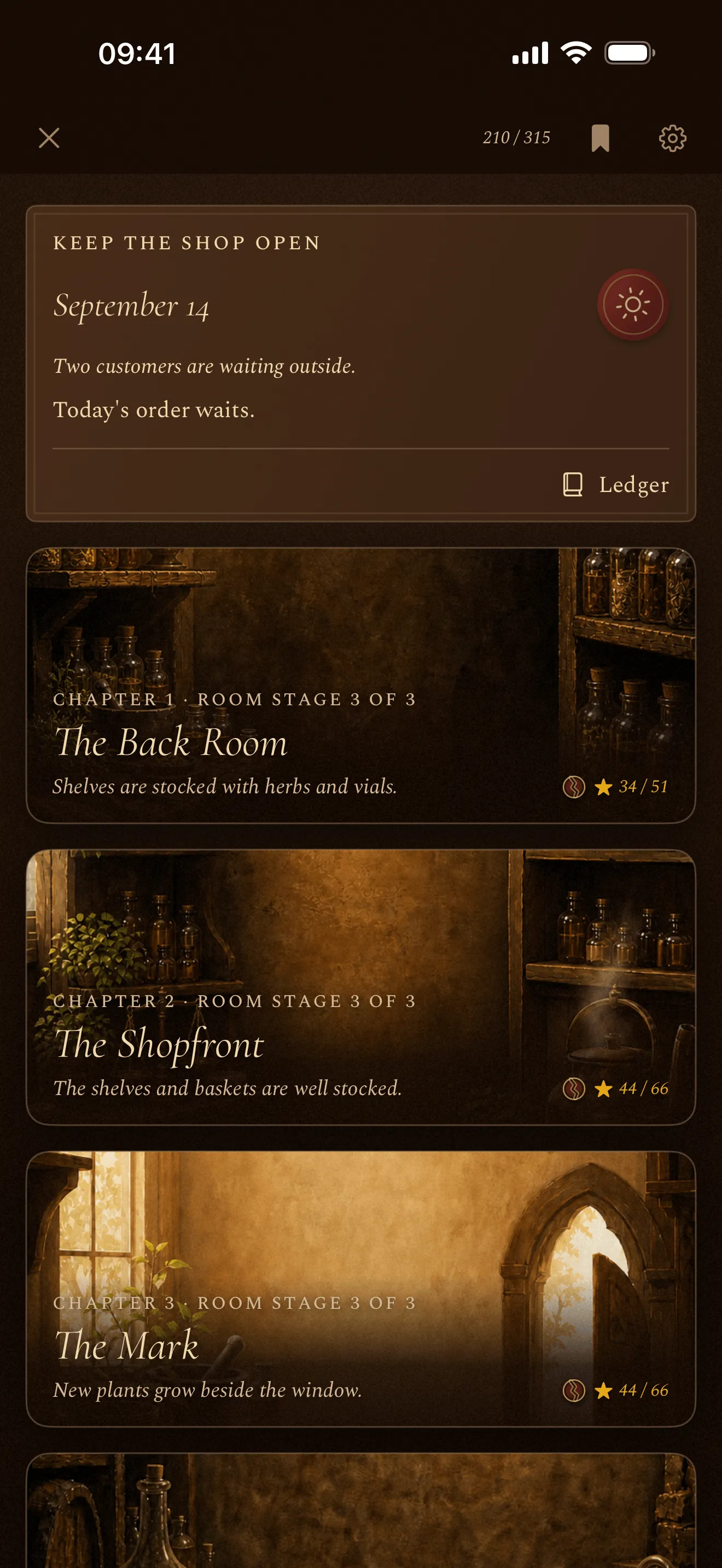 Phial's chapter menu: today's Daily Order card above painterly cards for The Back Room, The Shopfront and The Mark, each at its final room stage with a star count.