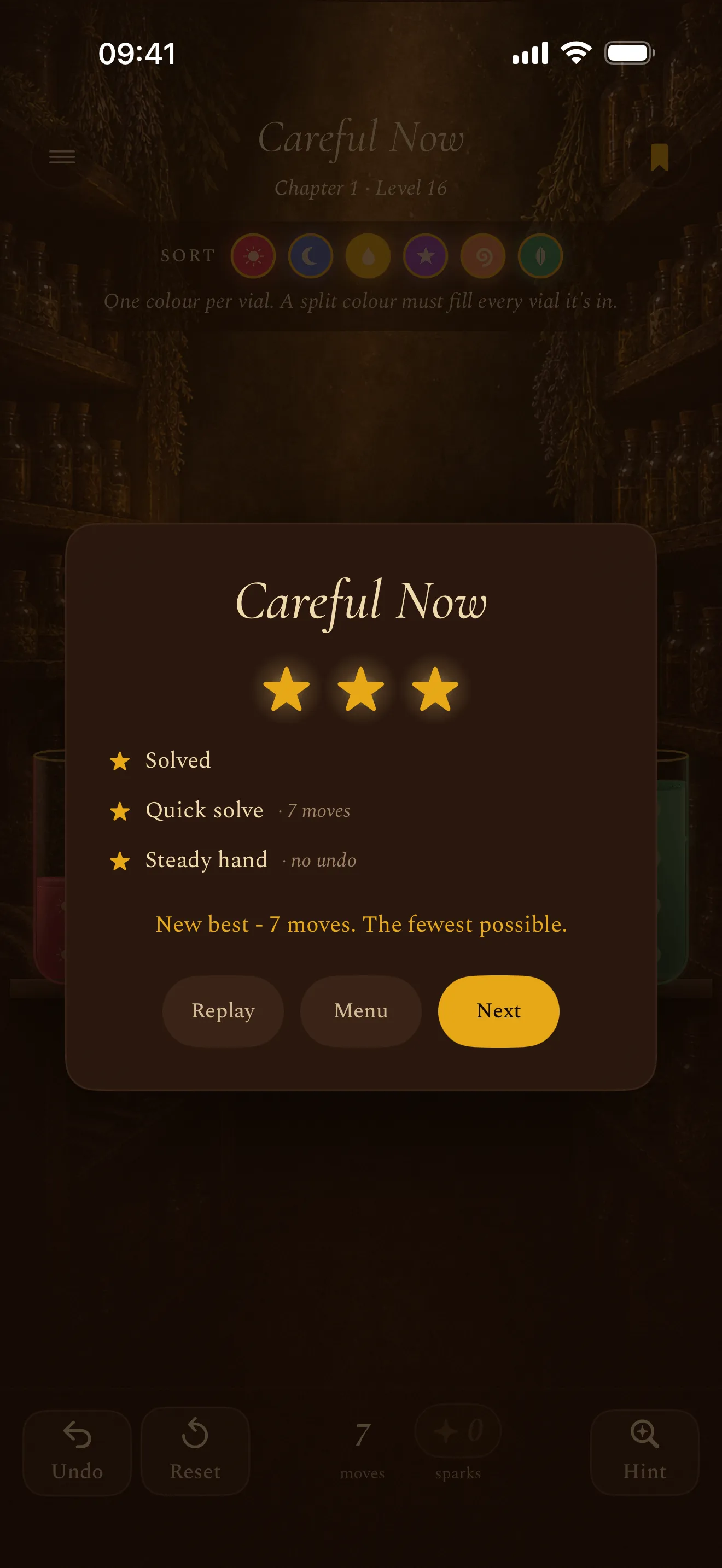 Phial win screen: the level Careful Now solved with three gold stars for solved, quick solve in seven moves, and steady hand with no undo.